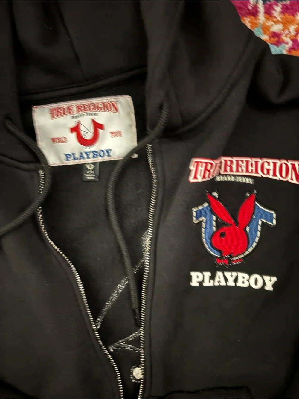 True Religion Black Zip-Up Hoodie with Red Playboy Logo